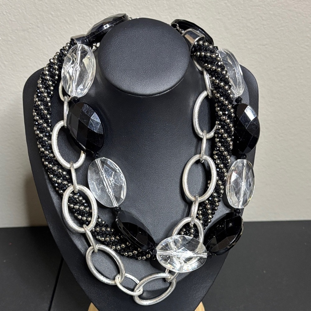 Holiday Black Clear Silver Statement Chunky Bundle Necklace Jewelry